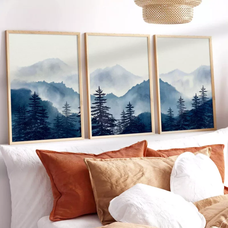 Navy Blue Watercolor Mountain Wall Art Set of 3, Abstract Landscape Artwork Living Room