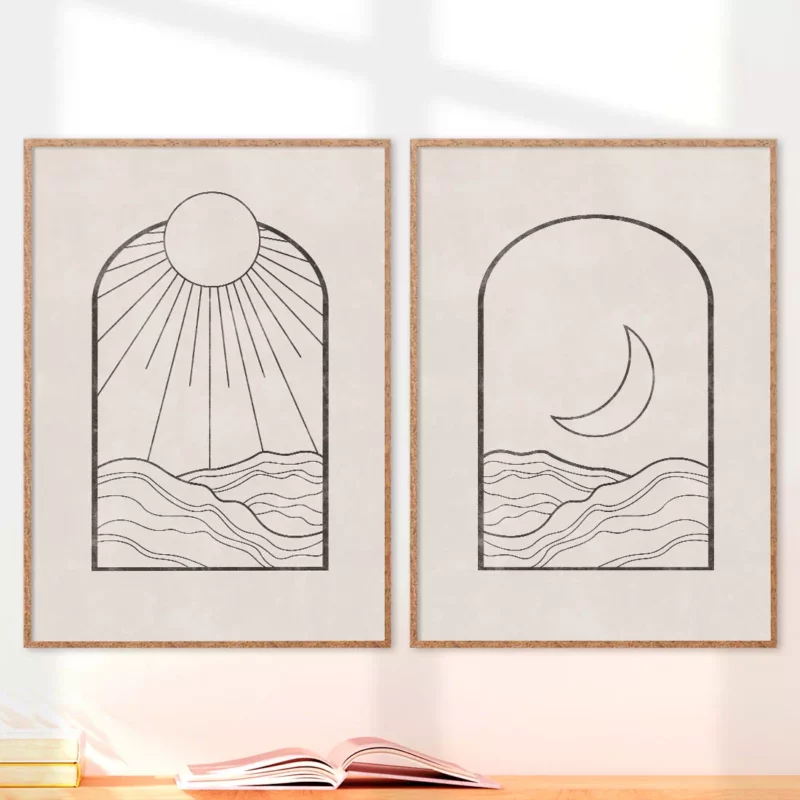 Set of Two Sun and Moon Line Artwork