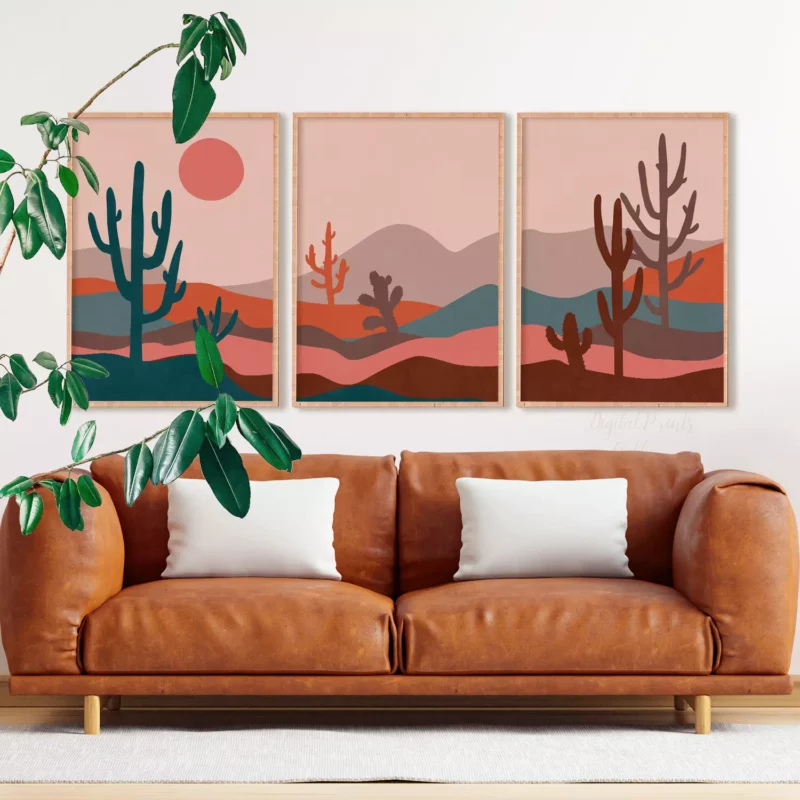 boho colorful modern set of 3 prints desert landscape wall art