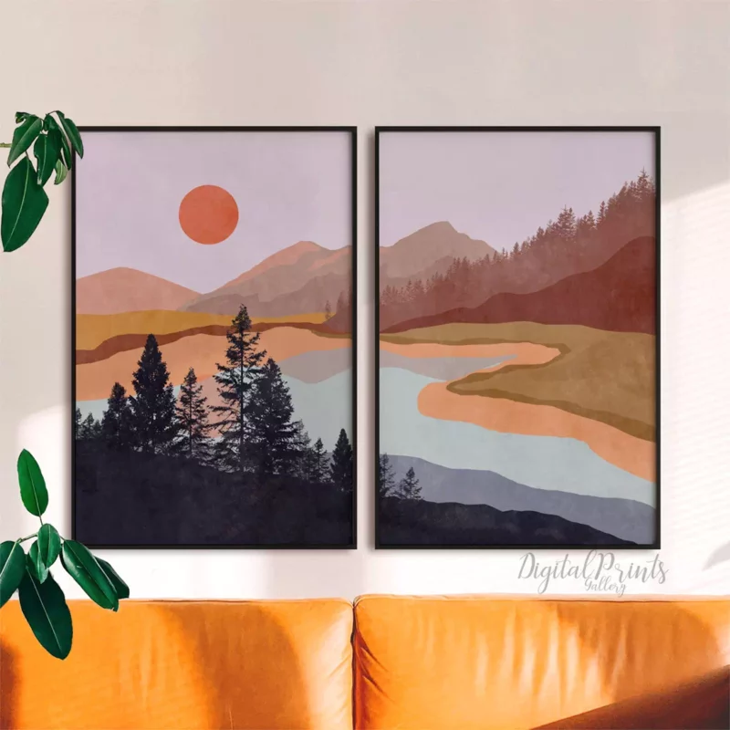 boho landscape art prints set of 2 digital download red sunset abstract mountain prints river