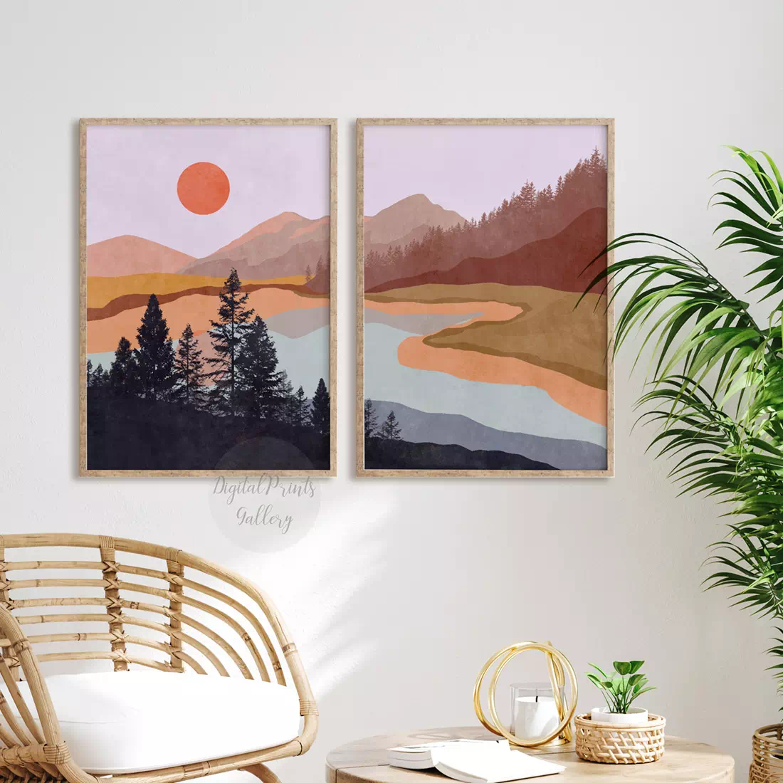 boho landscape art prints set of 2 digital download red sunset art