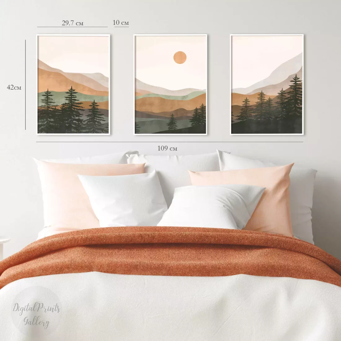 earth tones landscape boho poster set above bed