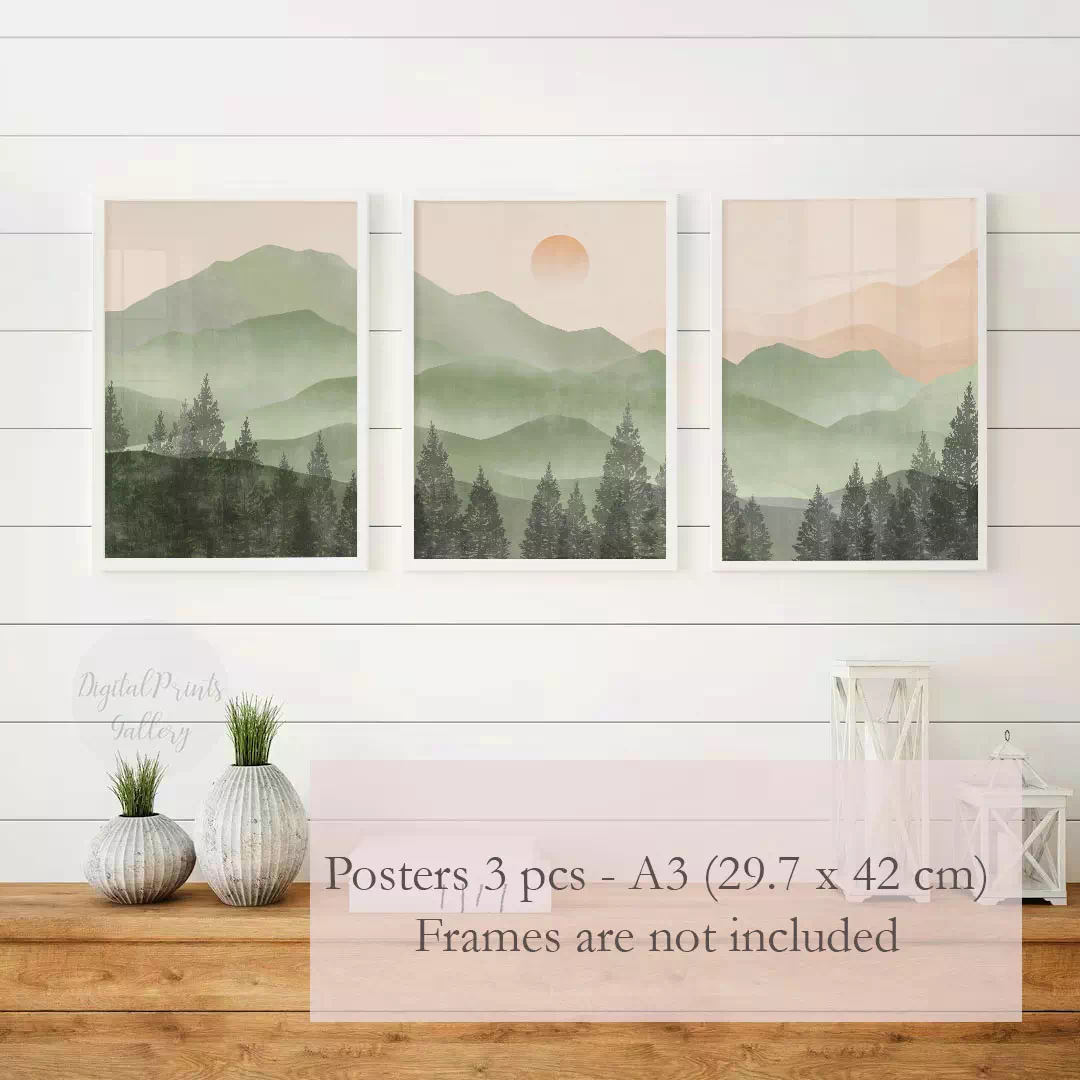 green abstract mountains wall art set of 3 posters 1