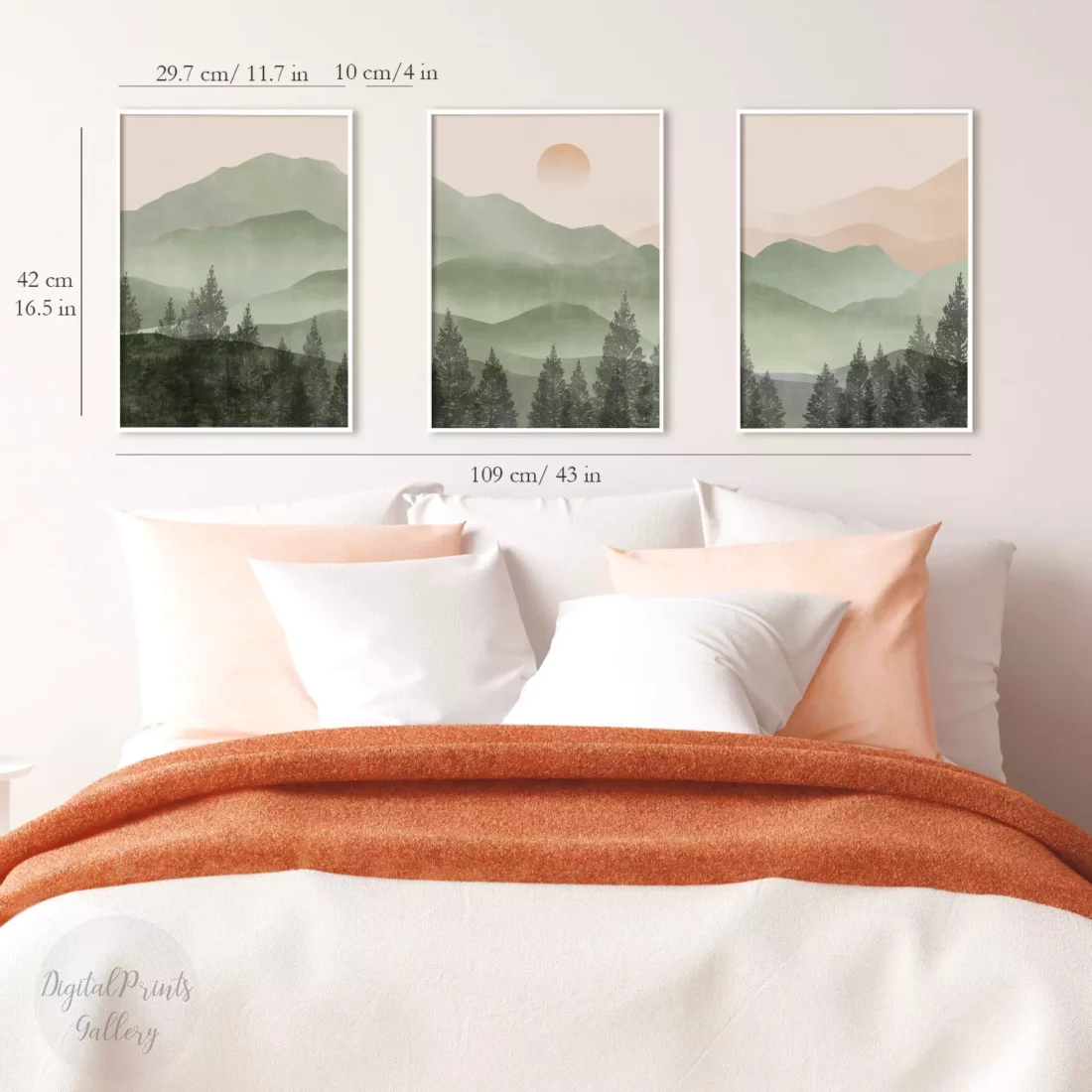 green abstract mountains wall art set of 3 posters