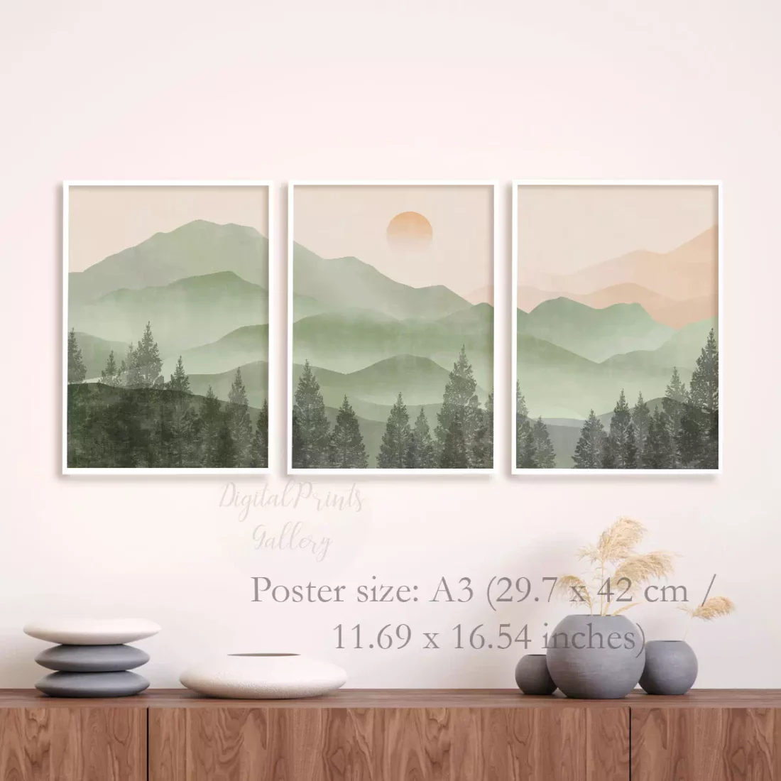 green abstract mountains wall art set of 3 posters 2