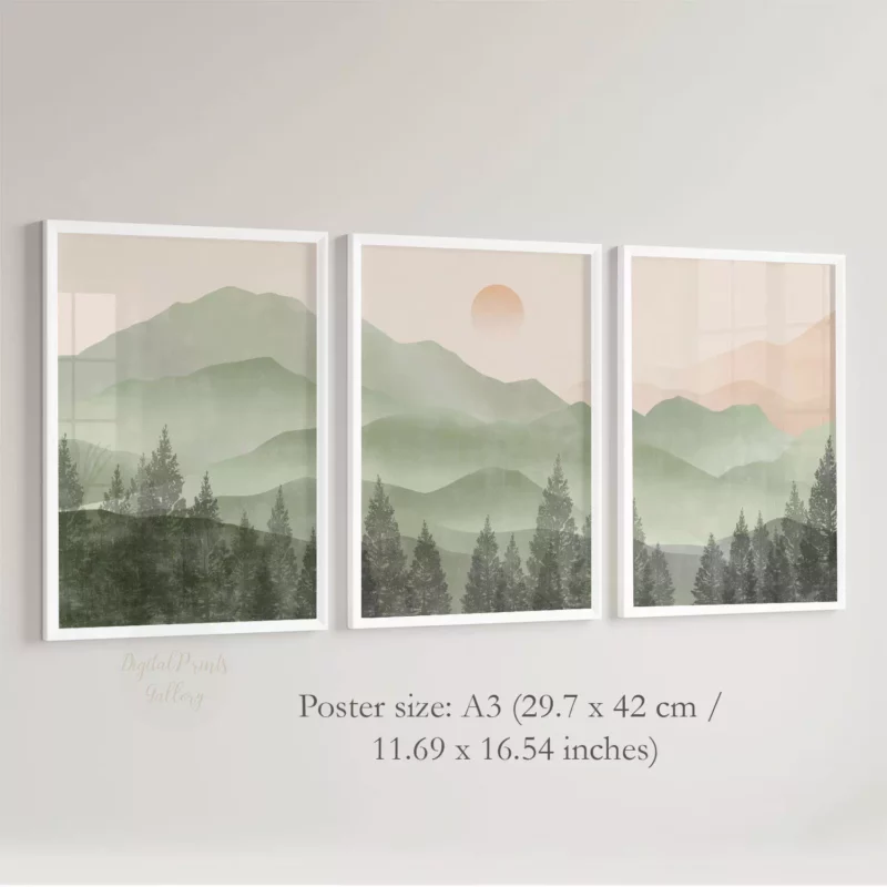 green abstract mountains wall art set of 3 posters 3