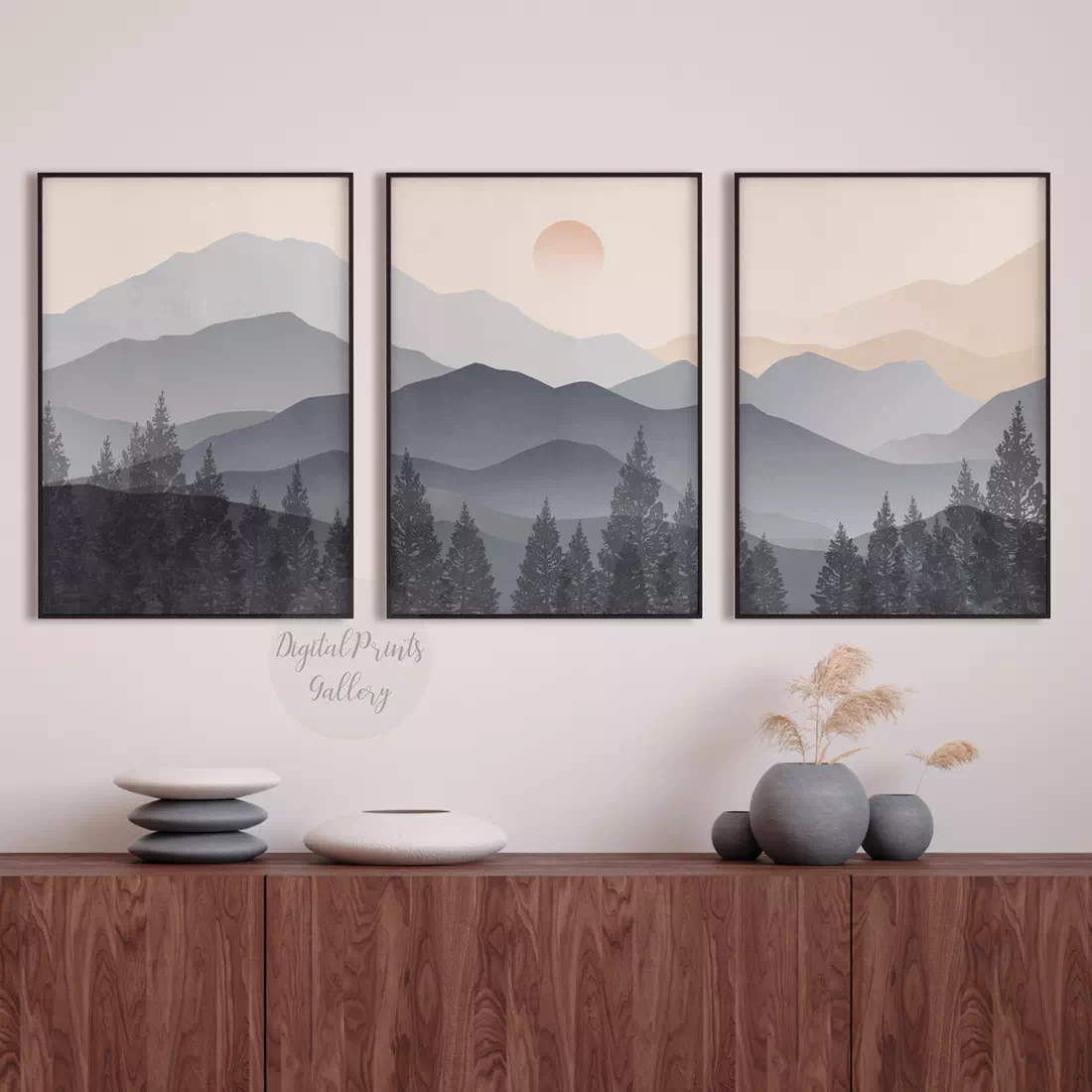 grey mountains wall art prints art abstract landscape prints set of 3 digital download