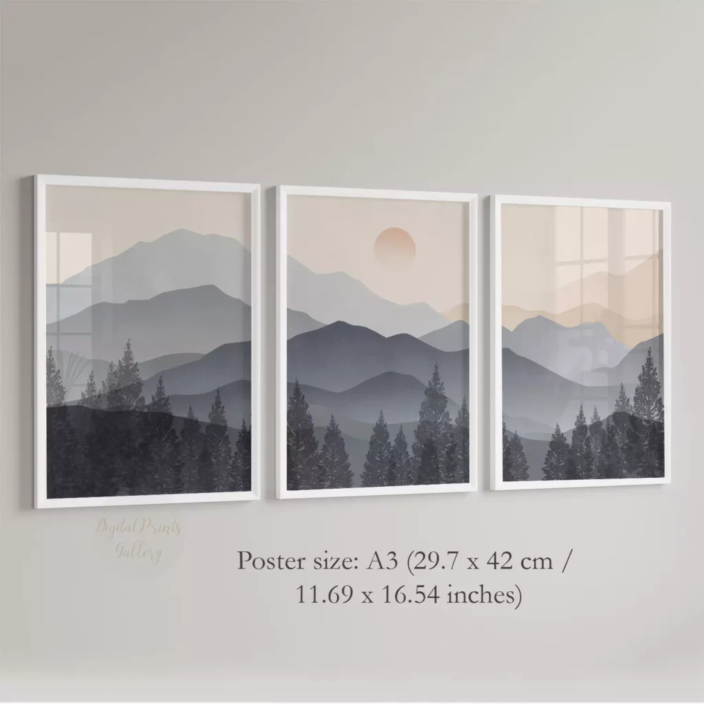 grey mountains wall art prints art abstract landscape prints set of 3 poster 2