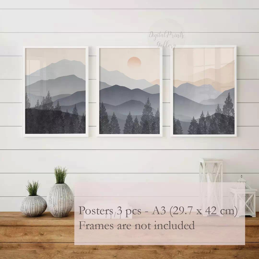 grey mountains wall art prints art abstract landscape prints set of 3 poster