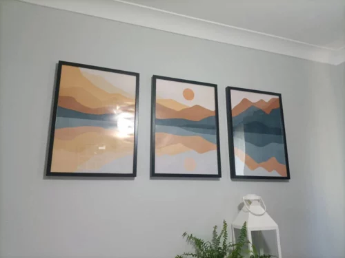 Mountain Landscape Posters 3 Piece Wall Art - Boho Living Room Decor - Blue and Orange Abstract Art photo review