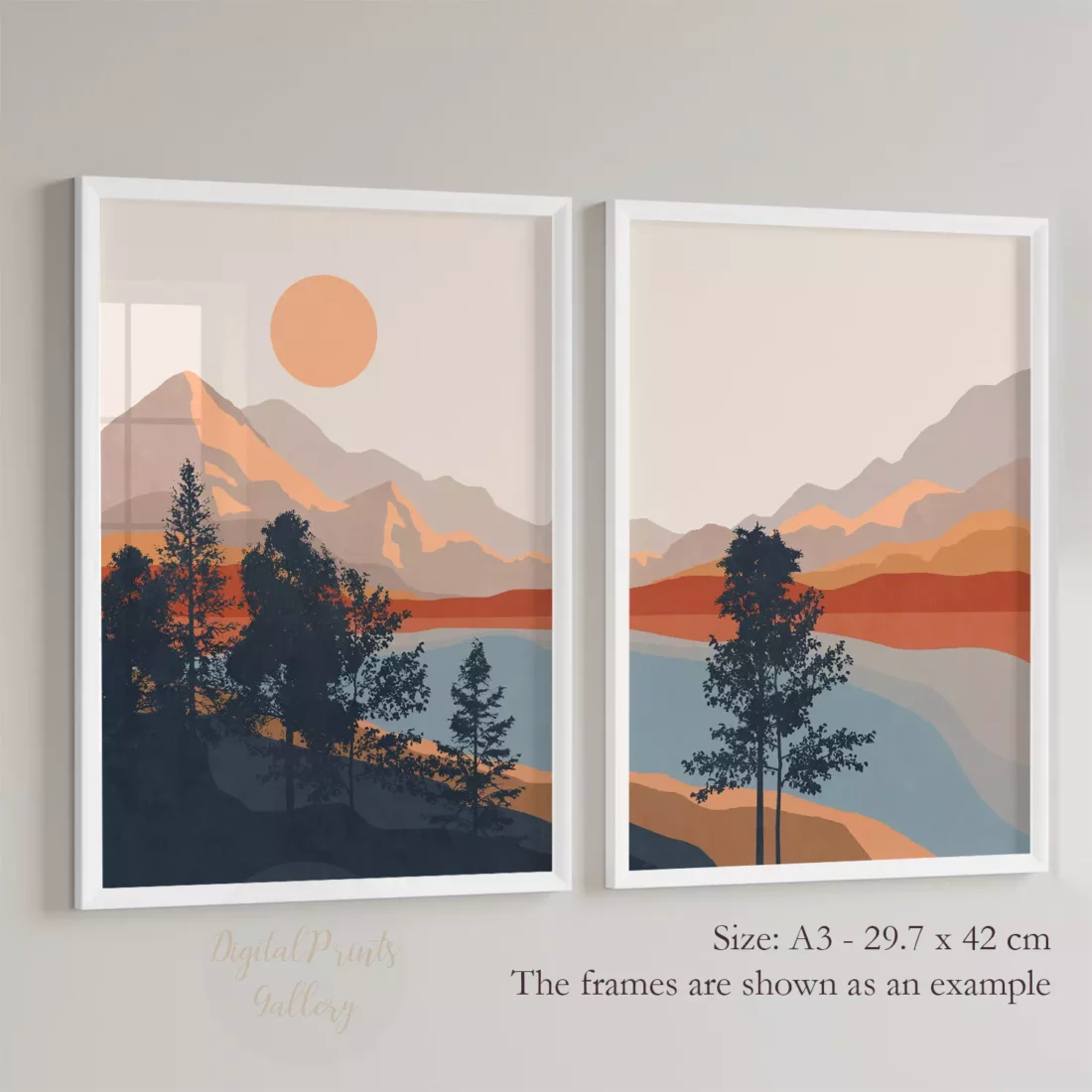 mountain wall art mid century modern sunset landscape posters