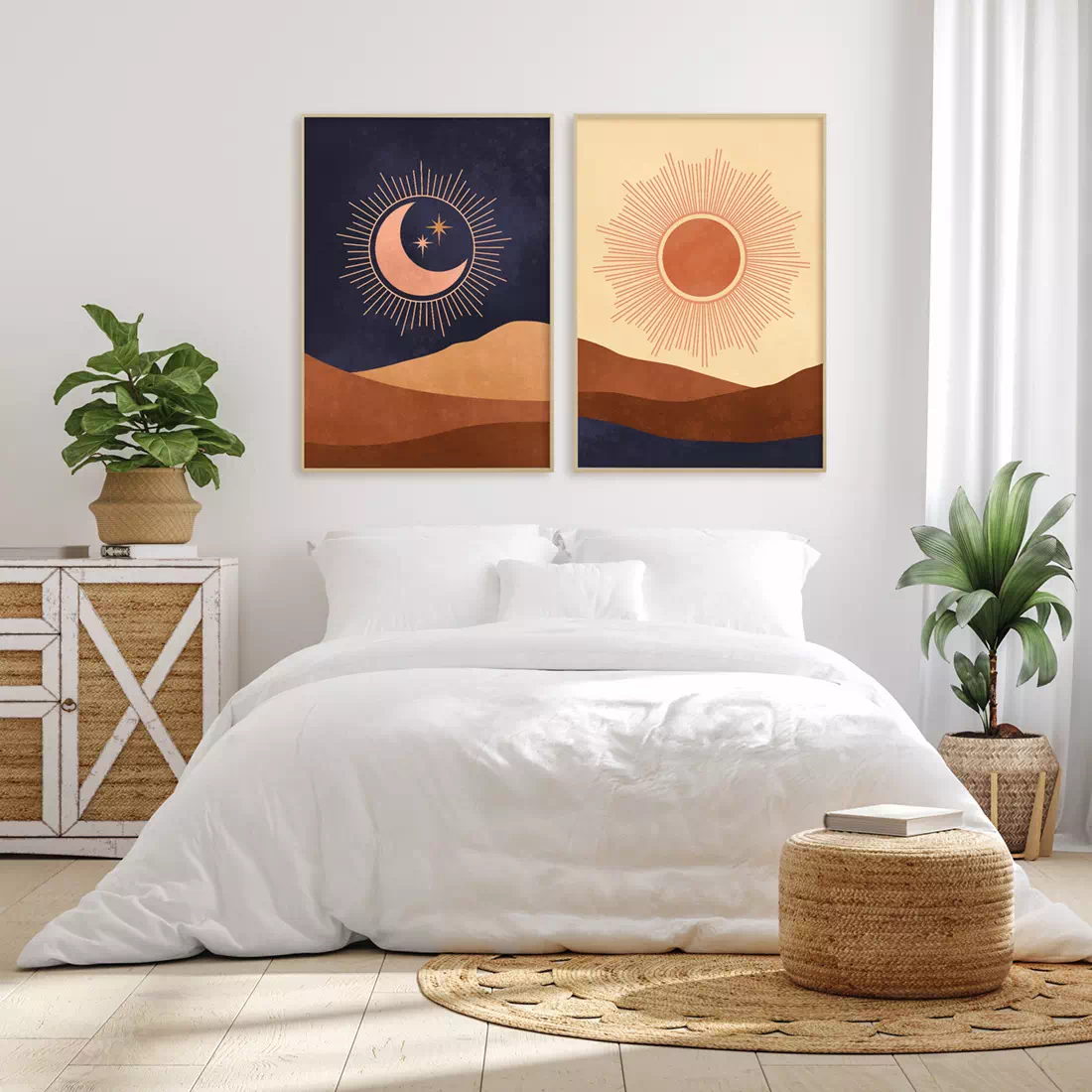 navy boho prints, sun and moon set of 2, abstract mid century wall art, bedroom