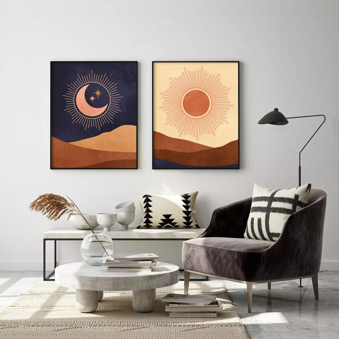 navy boho prints, sun and moon set of 2, abstract mid century wall art, bedroom wall decor