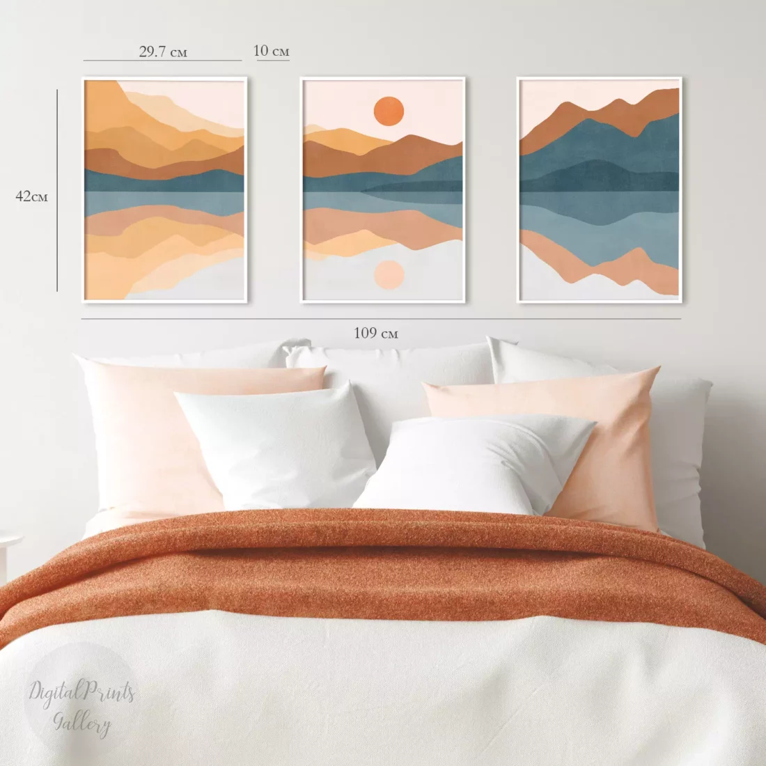 orange wall decor mountain landscape blue poster set
