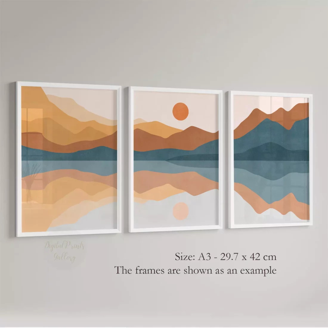 orange wall decor mountain landscape blue poster set of 3 minimal