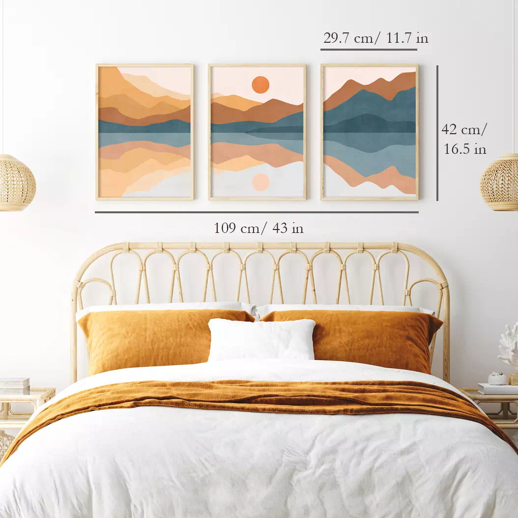 orange wall decor mountain landscape blue poster set of 3