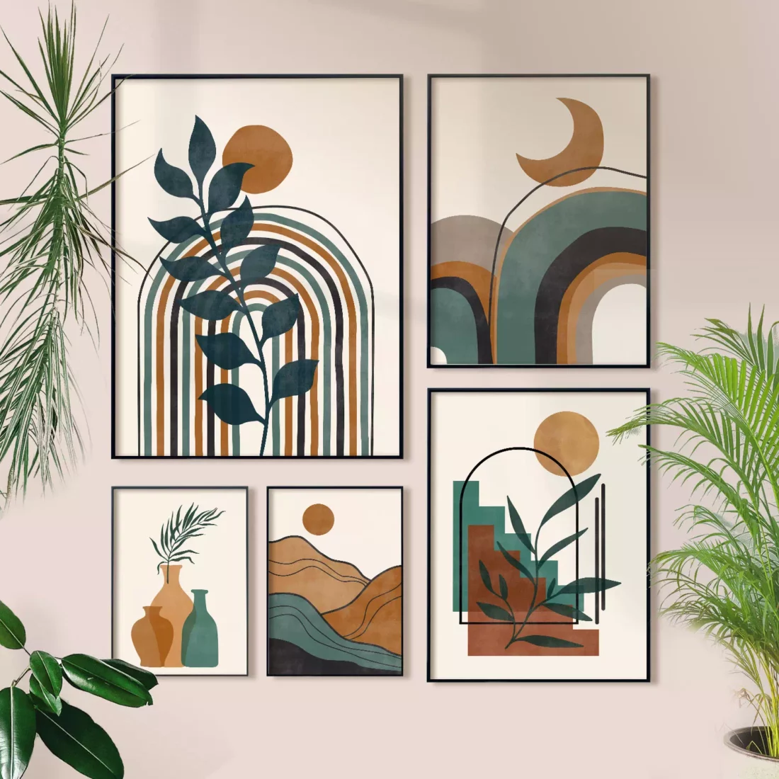 sun and moon abstract terracotta and green wall art set of 5
