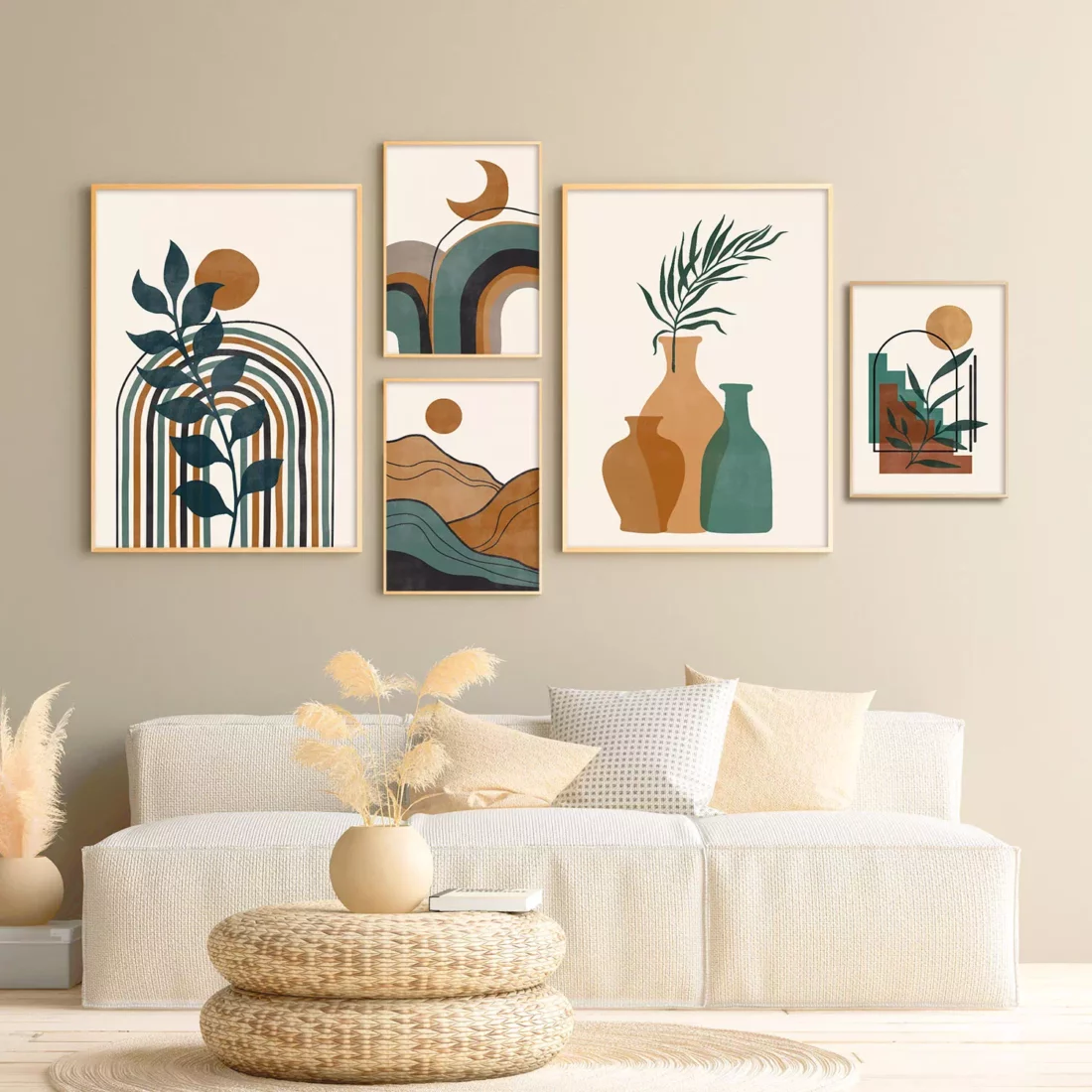 sun and moon abstract terracotta and green wall art set of 5 gallery