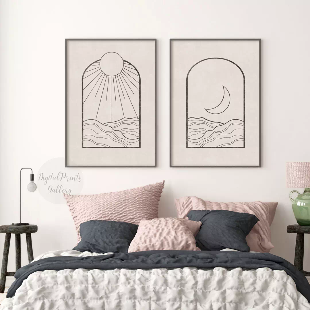 sun and moon art set of 2 prints, digital download, boho wall art, minimal landscape line art, arch geometric