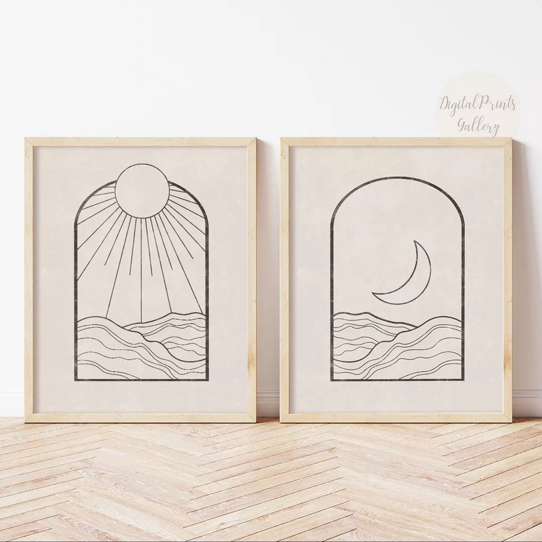 sun and moon art set of 2 prints, digital download, boho wall art, minimal landscape line art, arch wall decor