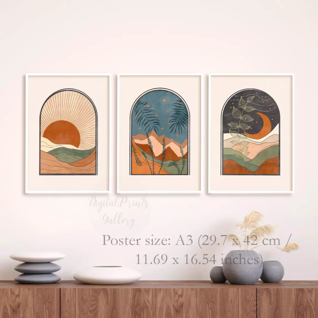 sun and moon set of 3 posters terracotta green abstract art