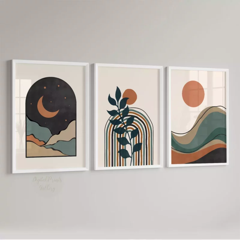 Boho Prints Set of 3, Terracotta and Green Boho Wall Decor above bed frames