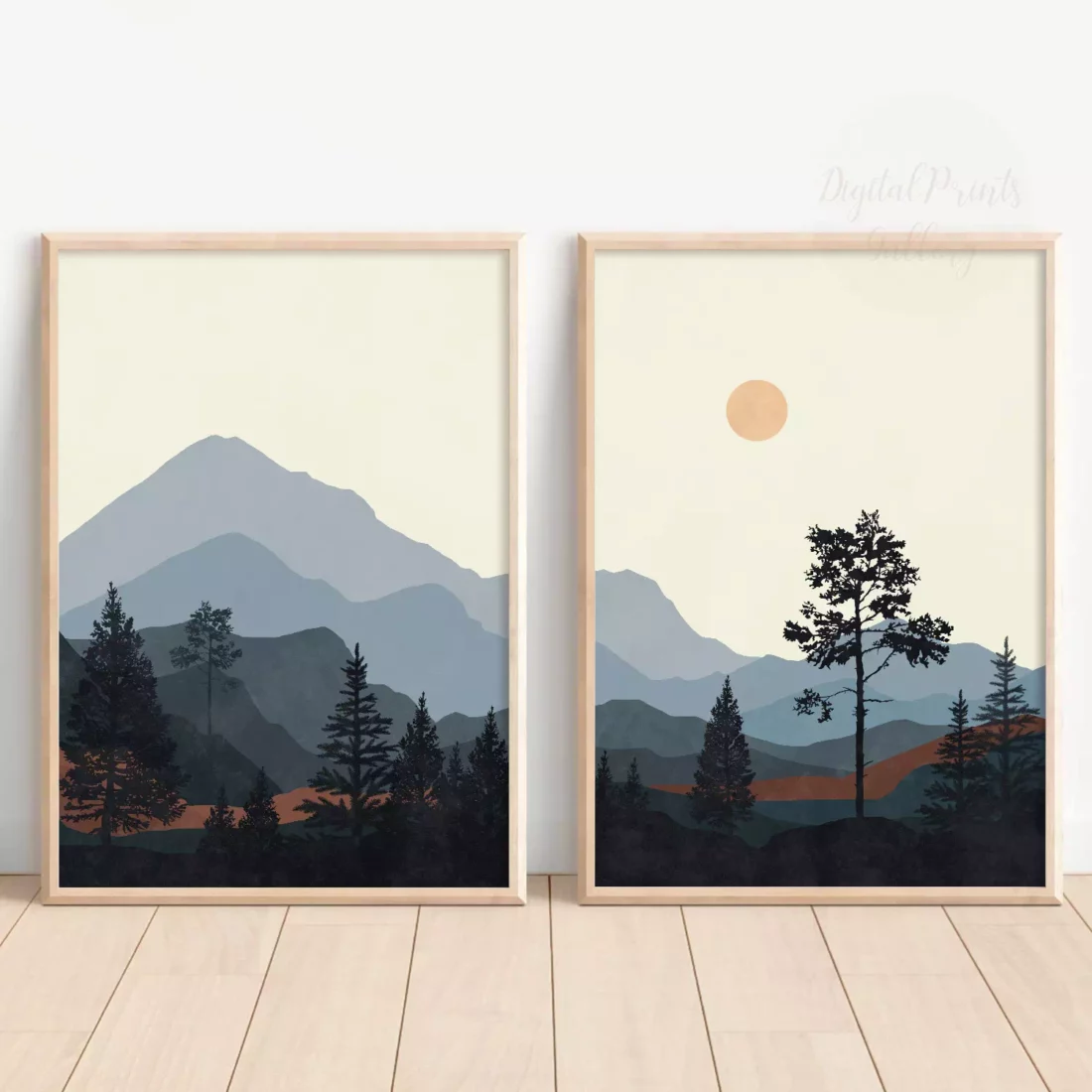 astract mountains wall art set of 2, blue abstract landscape tree sunset