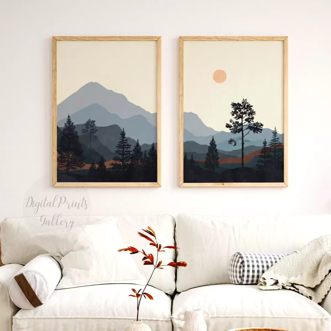 astract mountains wall art set of 2, boho sunset landscape poster 1