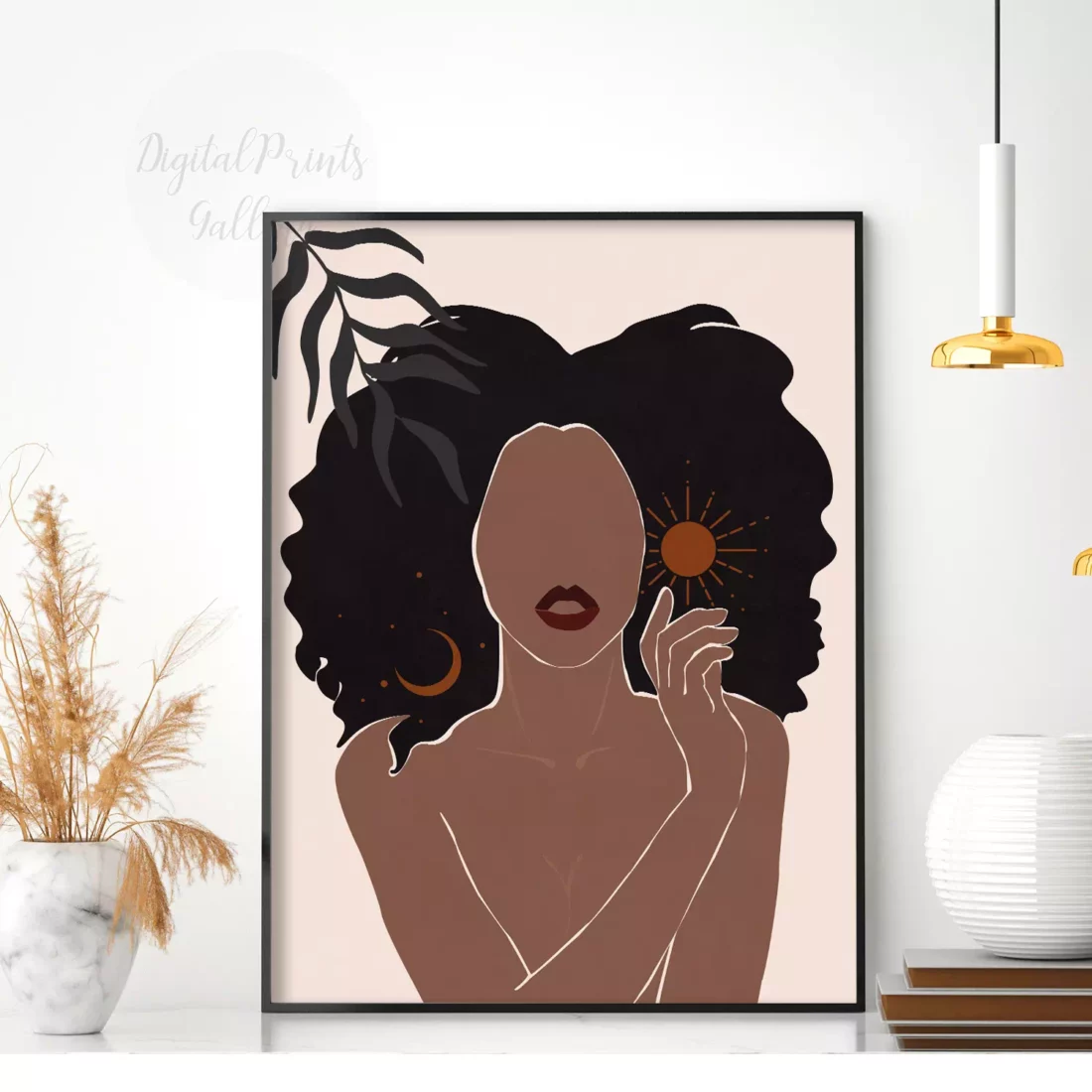 black girl art sun and moon minimal woman art