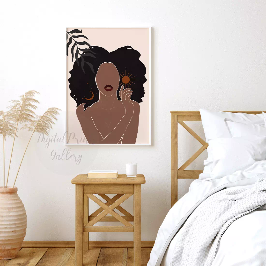 black girl art sun and moon minimal woman art printable