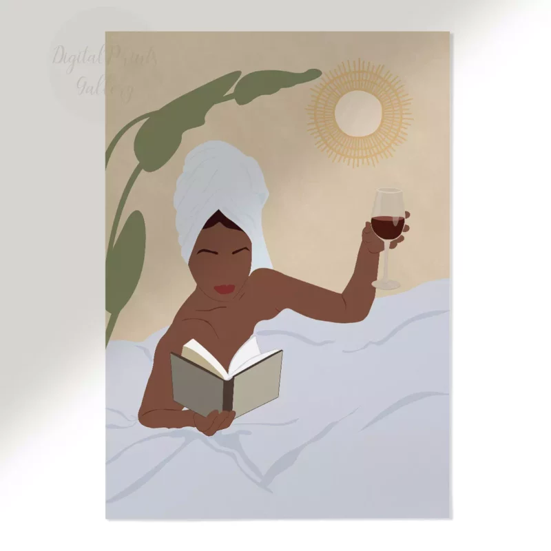 boho black woman wine art print wall poster