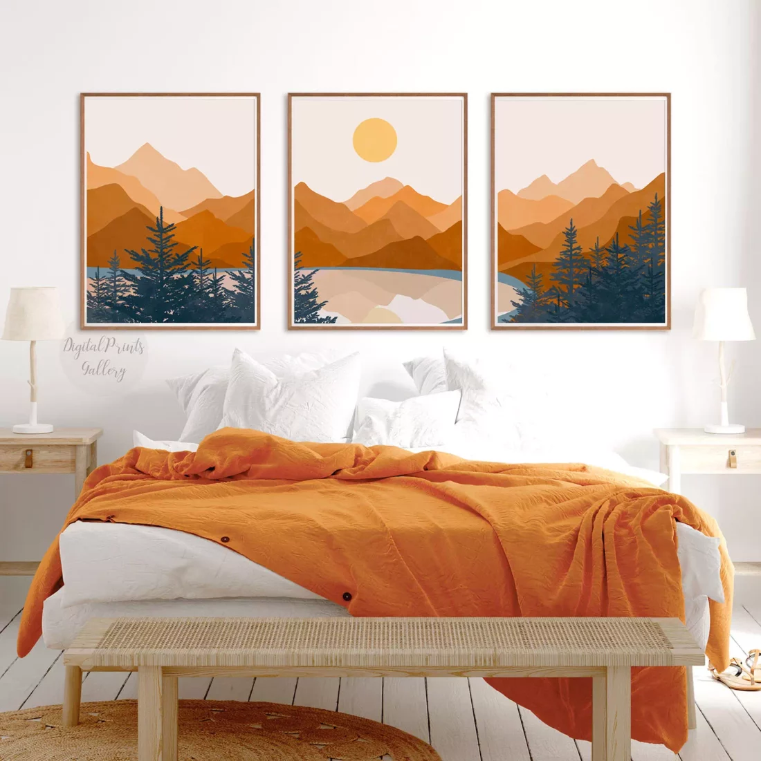 orange sunset mountain landscape printable wall decor set of 3