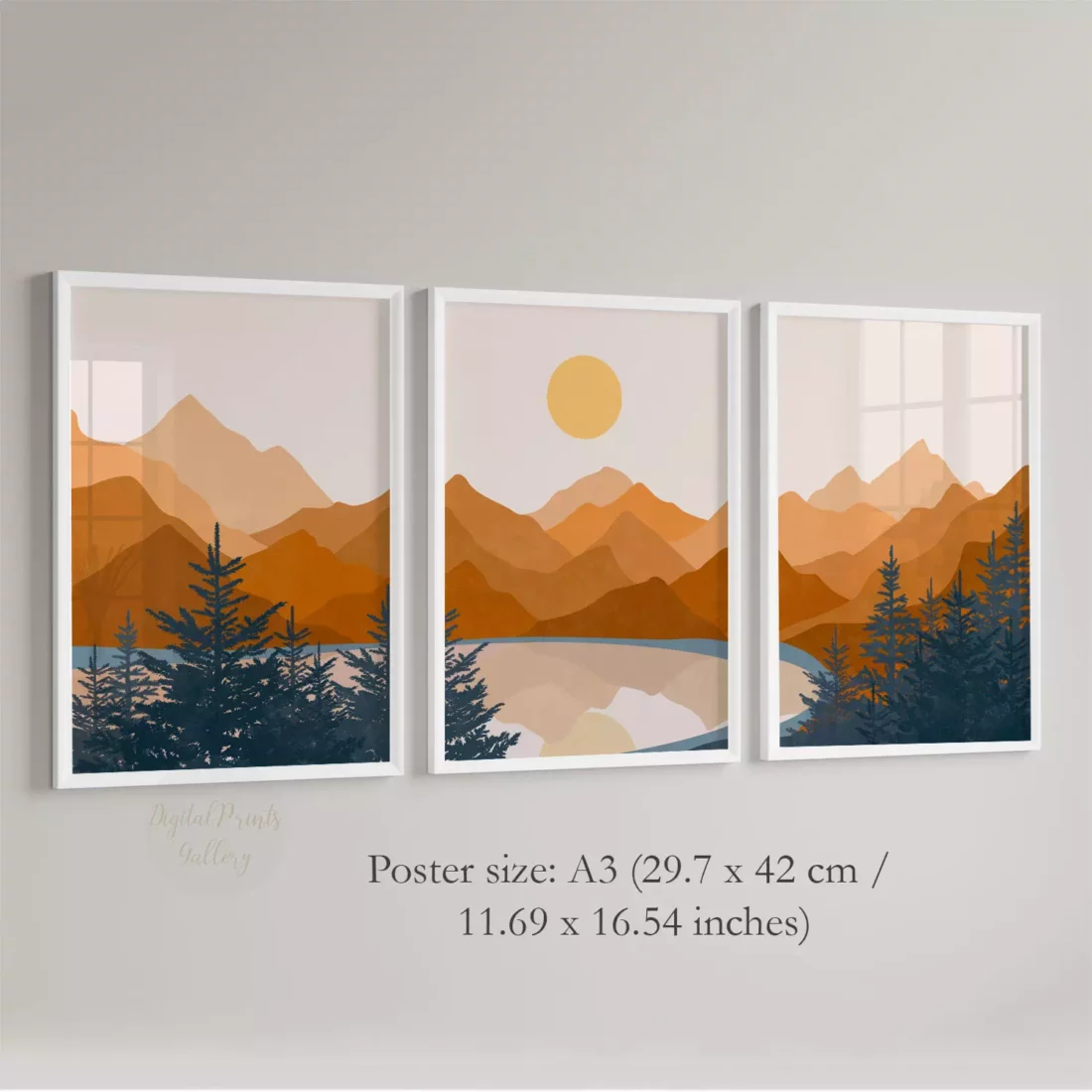 orange wall decor posters set of 3 mountains 1