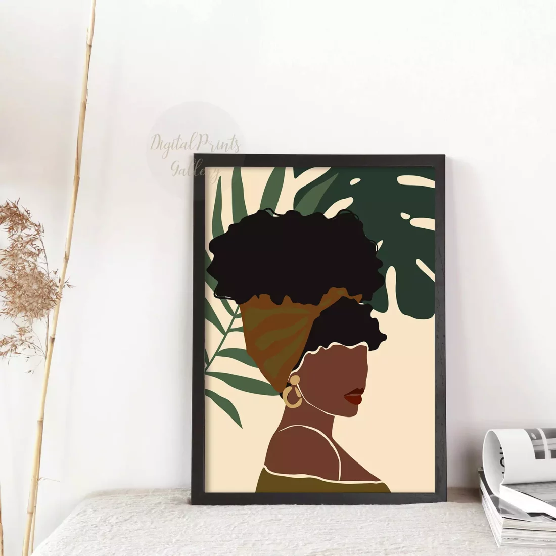 woman black monstera art printable wall art print